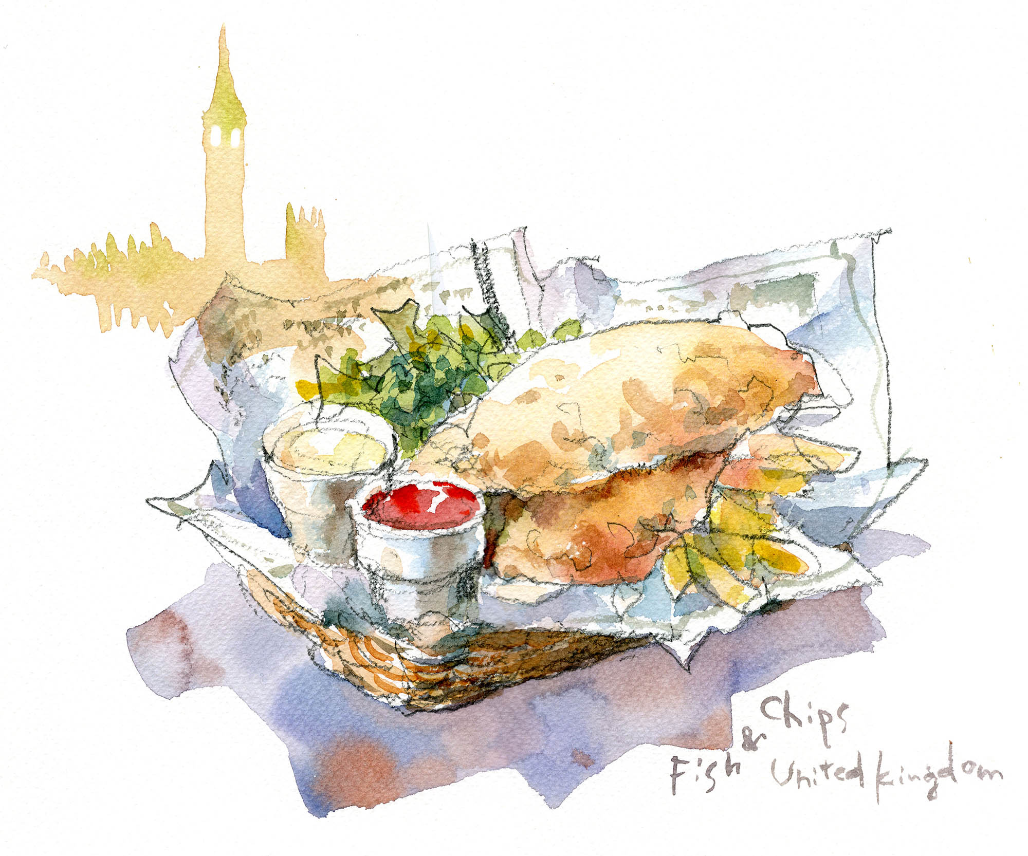 #透明水彩で描く旅のテーブル-イギリス-Fish&chips&Big Ben