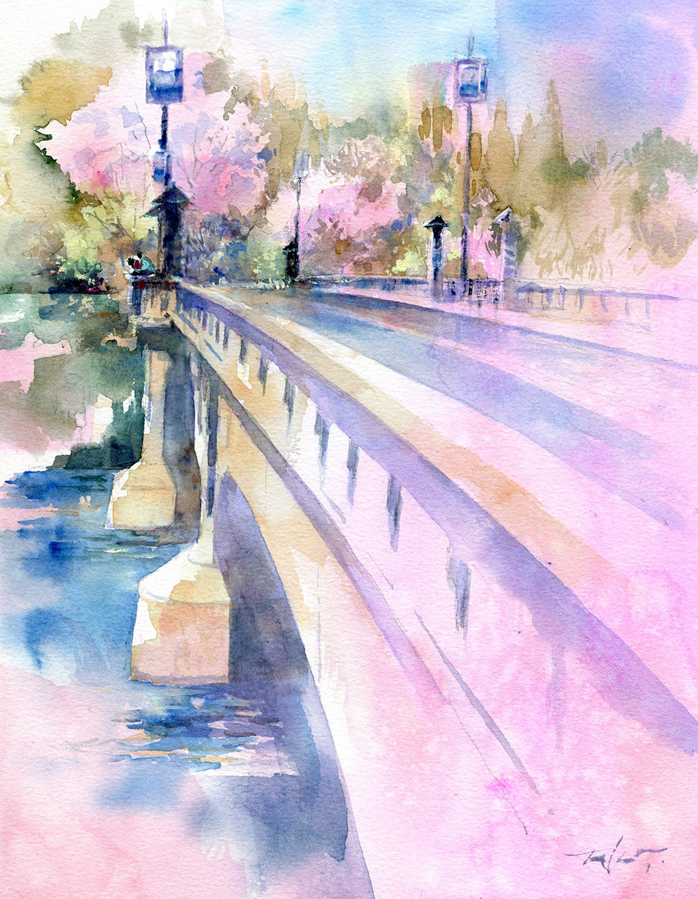 透明水彩　桜色染まる城跡に＿仙台大橋