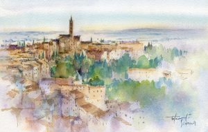 トスカーナの古都シエナは、坂の町です。くねった路地と傾斜のある町並みが好きです。絵は塔から見下ろしたアングル。