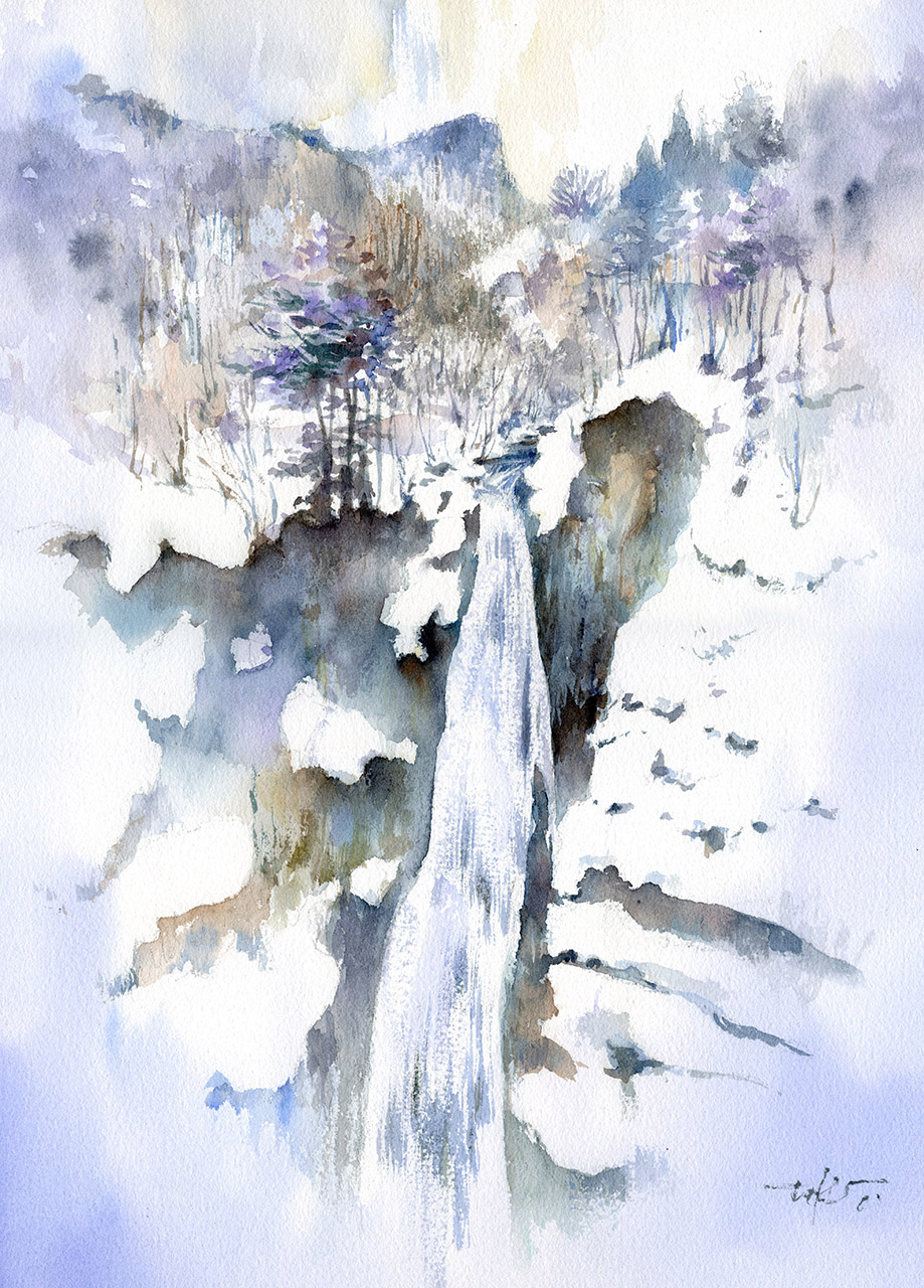 透明水彩で描く一本の滝〜日本風景