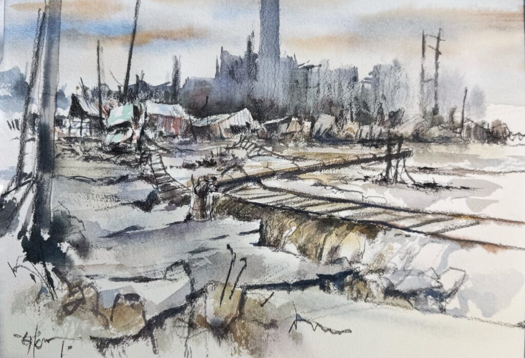 震災後間もない石巻の惨状を素描した水彩メモ