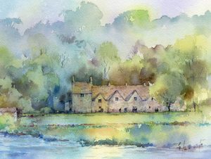 イギリスコッツウォルズ地方風景を水彩で描いた作品