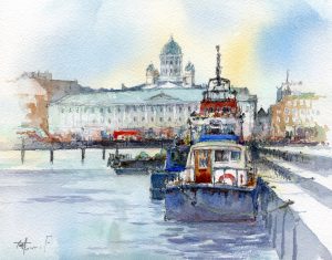 フィンランド・ヘルシンキ港に停泊する作業船やタグボートと議事堂を描いた旅の透明水彩画
