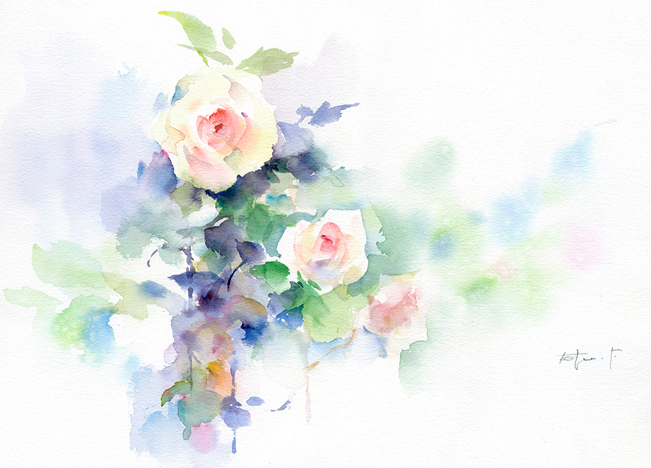 白いバラをsennelierの透明水彩で描いた絵。「やわらかな午後」