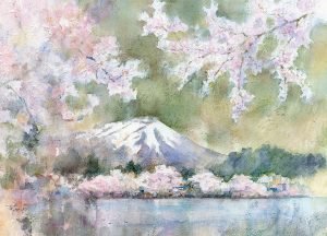 桜・高松の池。岩手山　透明水彩