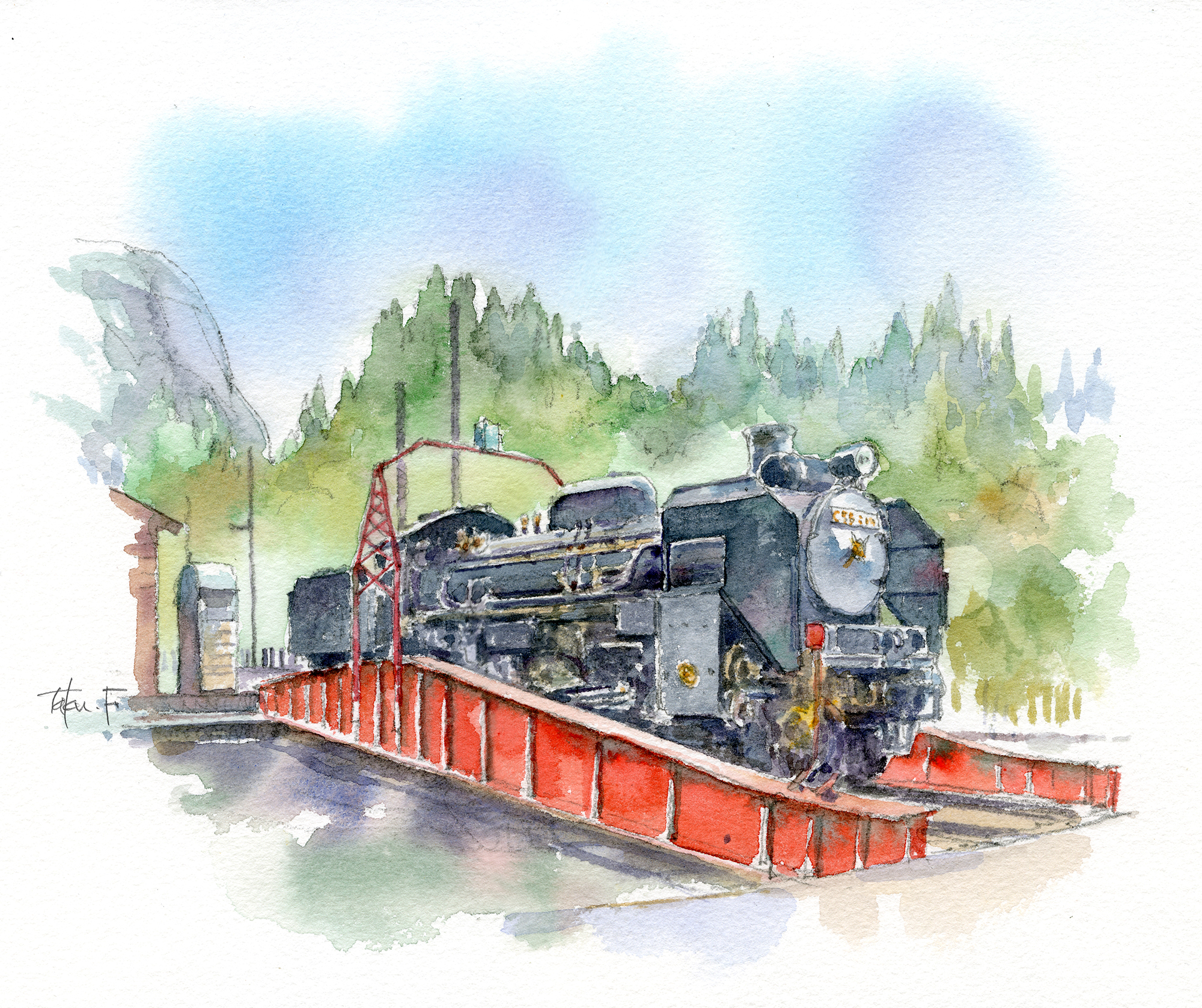 作並限定弁当掛け紙・水彩で描く蒸気機関車イラスト