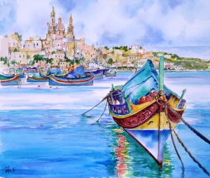 透明水彩で描くマルタ島風景