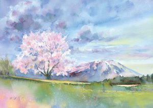 #岩手山,＃一本桜,＃水彩,＃透明水彩