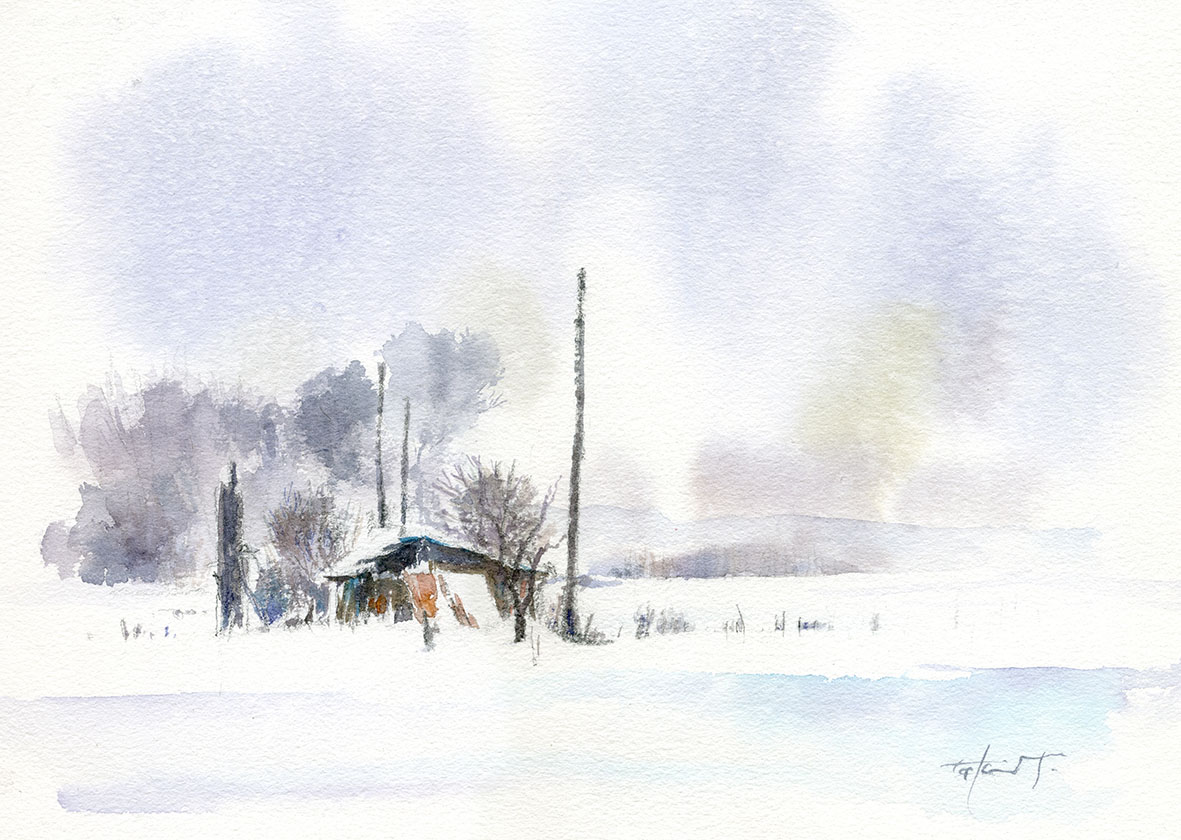 出羽路雪景-山形置賜地方の雪景色を水彩で描く