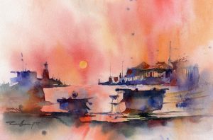 東北水彩画｜山形｜日本海｜夕陽｜日没｜