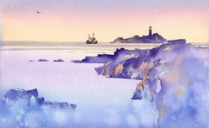 夕暮れ時の灯台と船を描いた作品